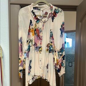 Free People Cream Asymmetrical Button Down Shirt with Mandarin Collar